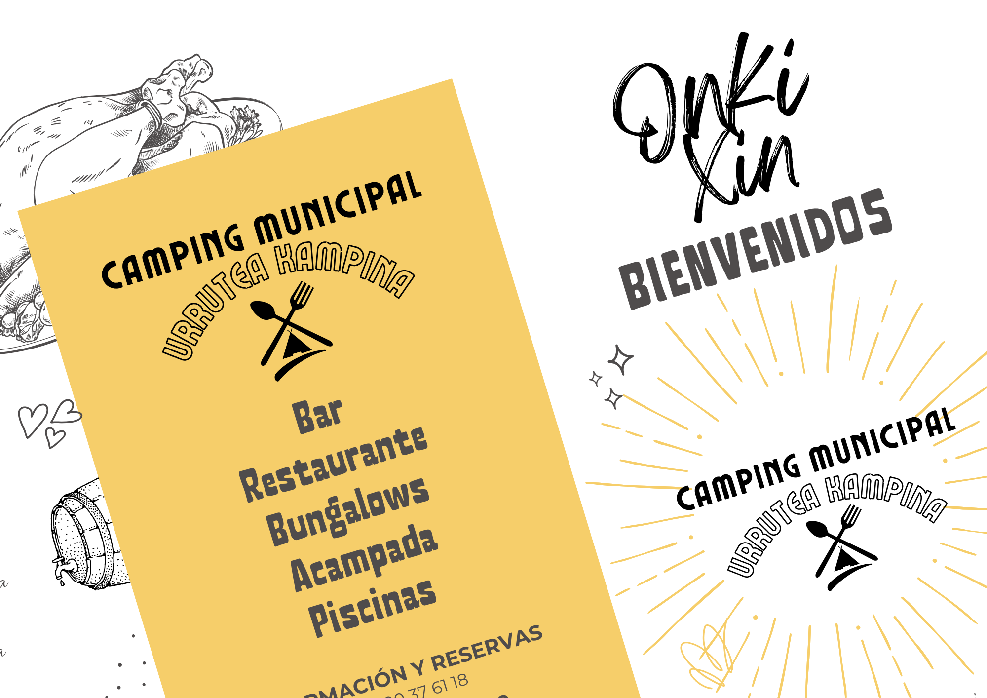 Folleto Tríptico Anuncio de Comida para Restaurantes con Platos y Menú Ilustraciones A Mano Doodle Blanco Negro y Amarillo (1)